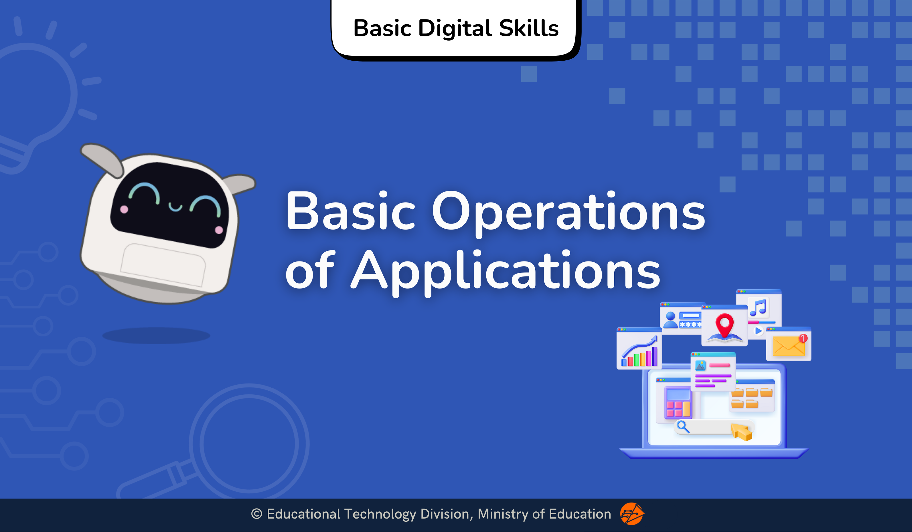 Title card for "Basic Operations of Applications" under "Basic Digital Skills," featuring Poodle the AI dogbot alongside 3D graphics of floating software application windows and tools around a laptop.
